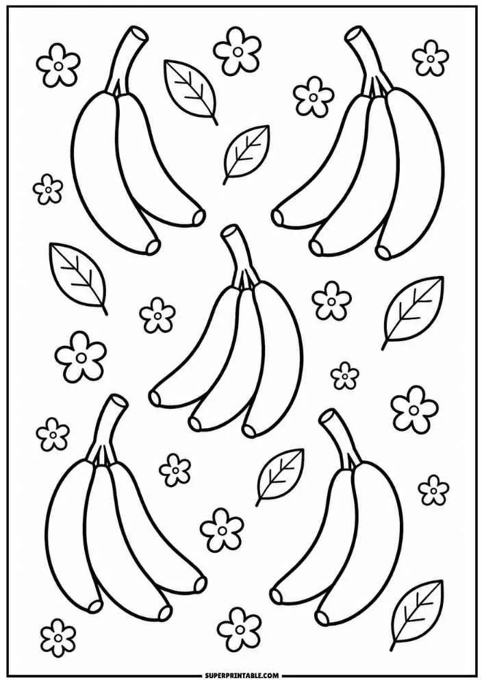 Small banana bunches with flowers and leaves coloring page.