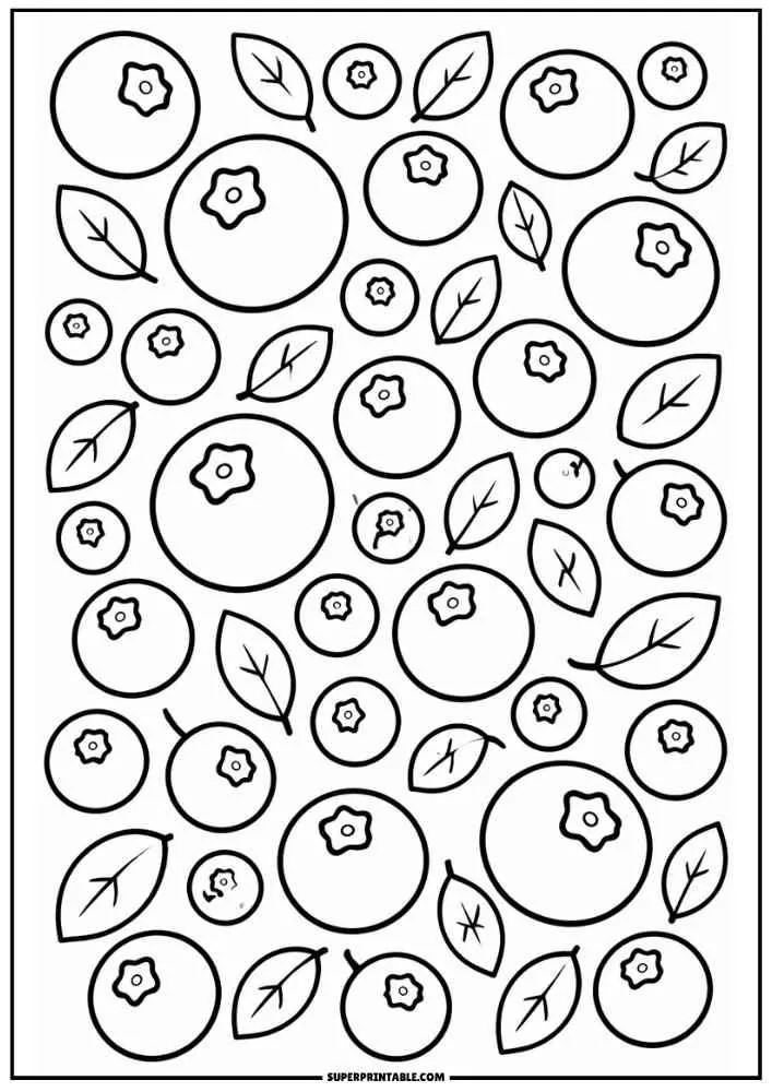 Repeating blueberry and leaf pattern coloring page.