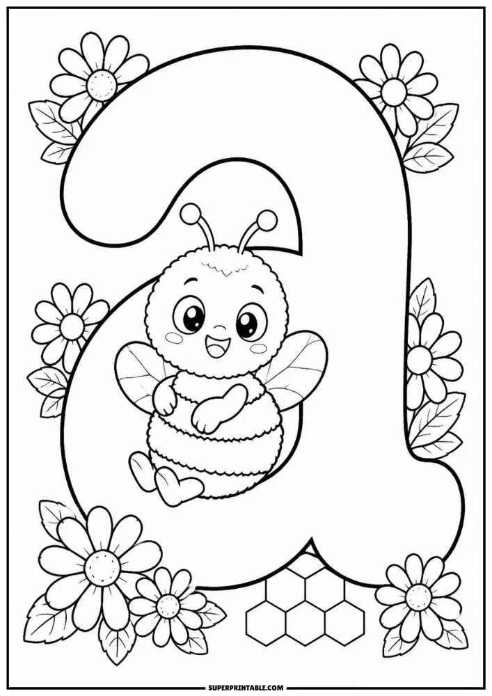 Lowercase letter a with a smiling bee, flowers, and a small honeycomb.