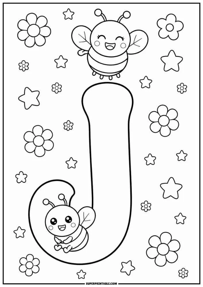 Lowercase letter j with two bees, flowers, and stars.
