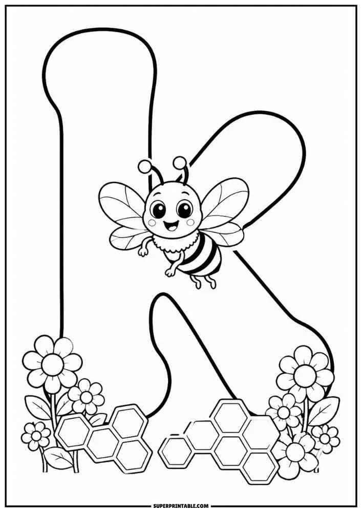 Lowercase letter k with a bee, flowers, and honeycomb.