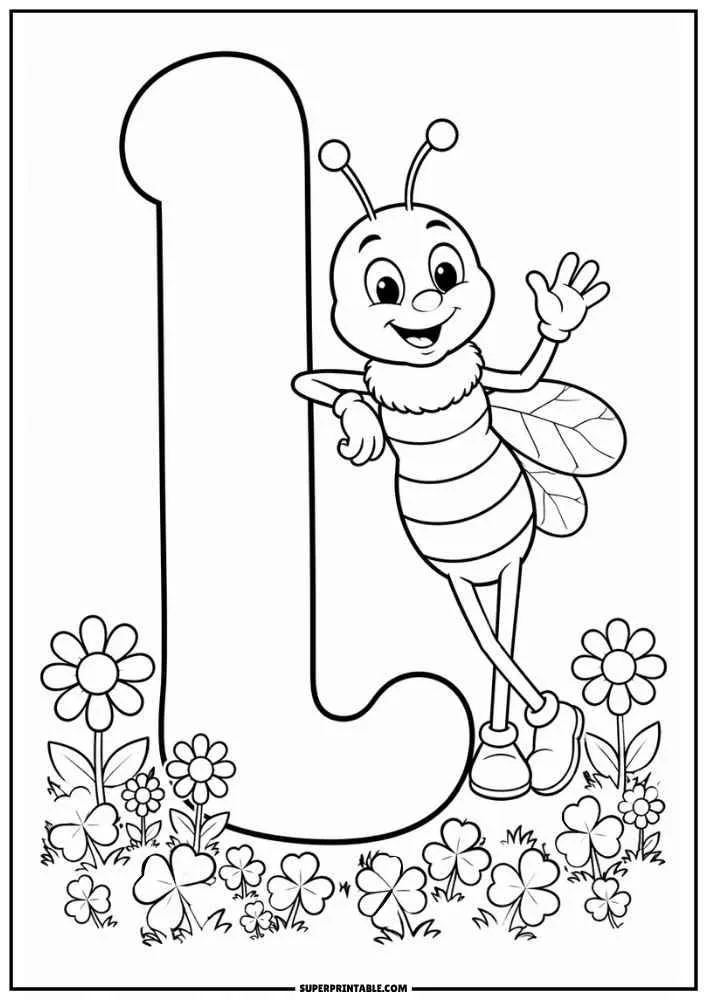 Lowercase letter l with a waving bee, flowers, and clovers.