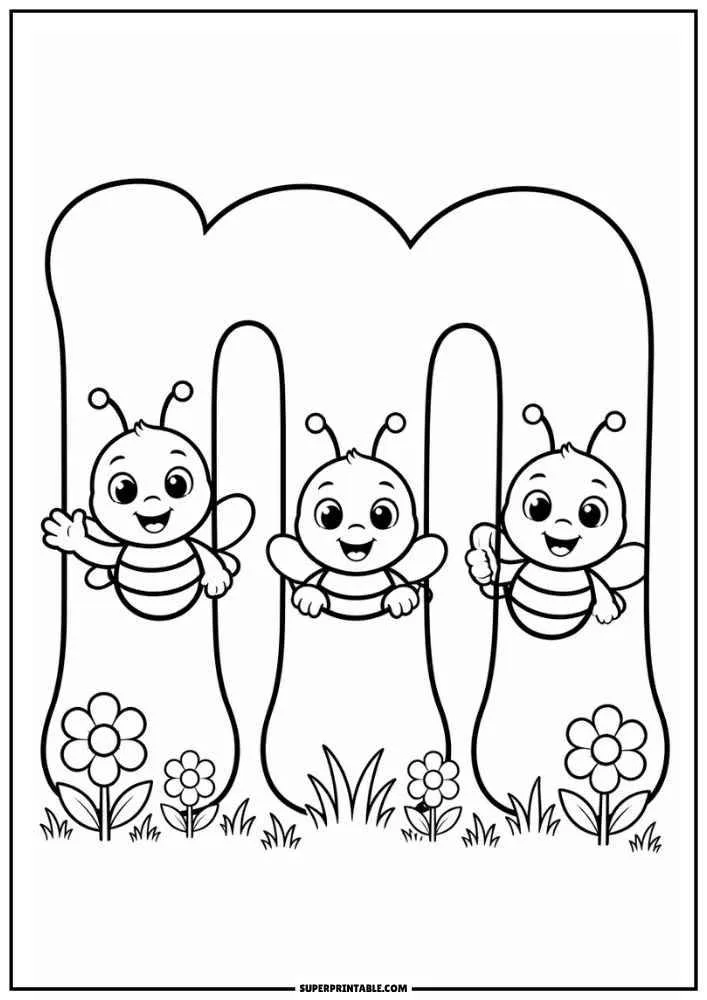 Lowercase letter m with three bees and flowers.