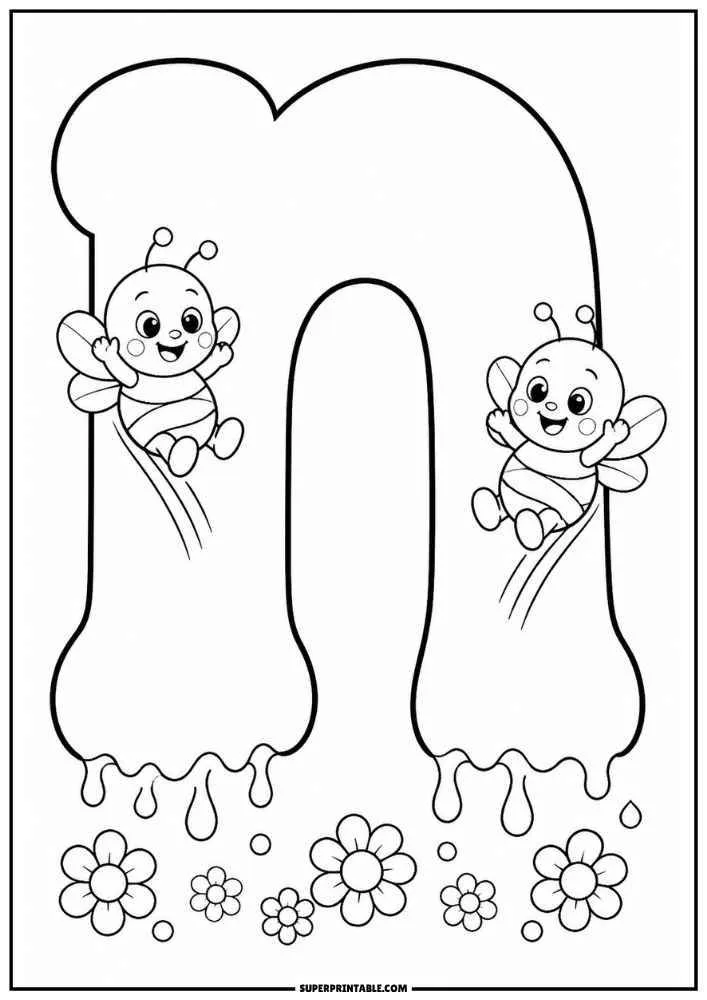 Lowercase letter n with two flying bees and flowers.