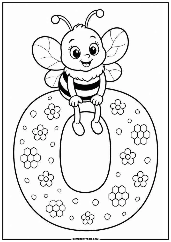 Lowercase letter o with a bee, flowers, and honeycomb.