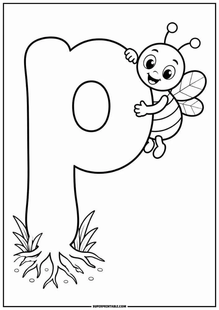 Lowercase letter p with a bee and tree like roots.