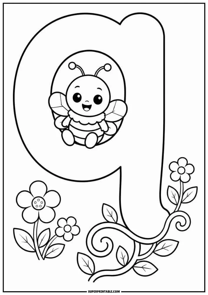 Lowercase letter q with a bee, flowers, and curling vines.