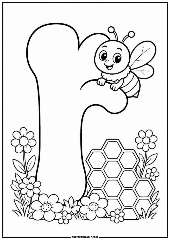 Lowercase letter r with a bee, flowers, and honeycomb.