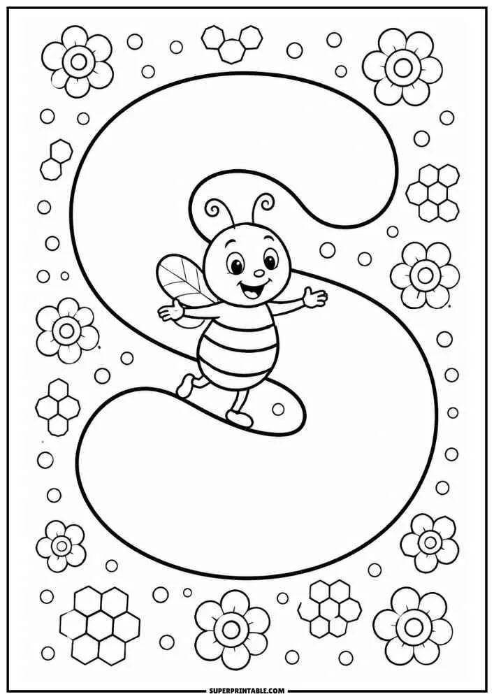 Lowercase letter s with a smiling bee, flowers, and honeycomb.