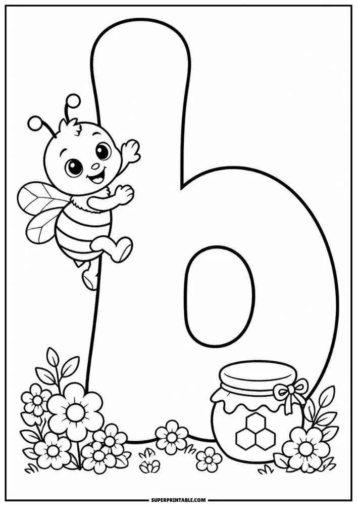 Lowercase letter b with a smiling bee, flowers, and a honey jar.