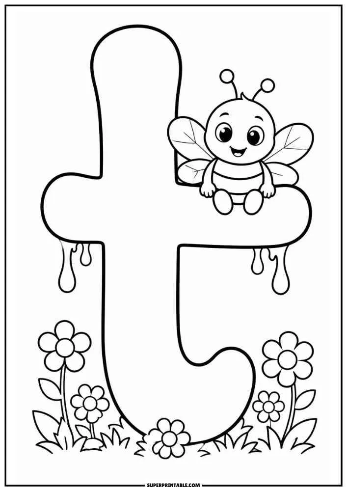 Lowercase letter t with a bee, flowers, and dripping honey.