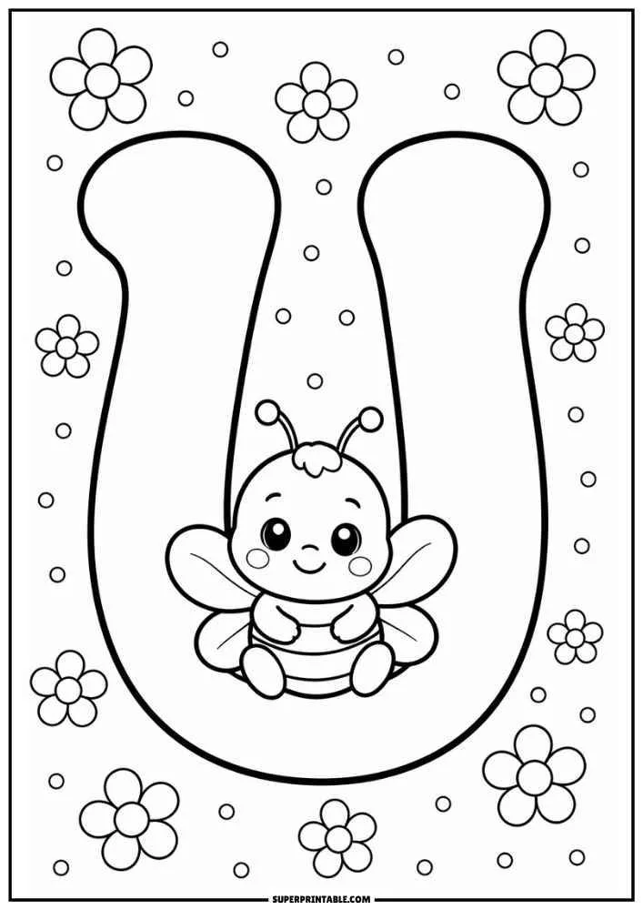 Lowercase letter u with a smiling bee and flowers around the page.