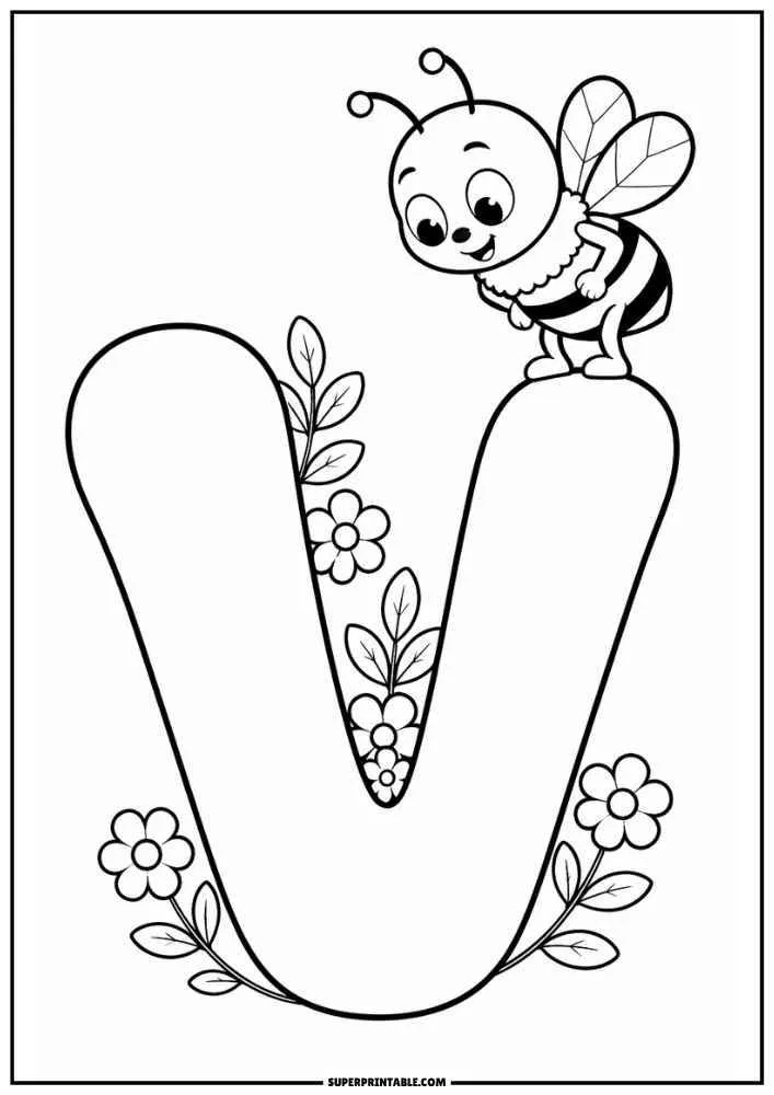 Lowercase letter v with a bee, flowers, and leafy vines.