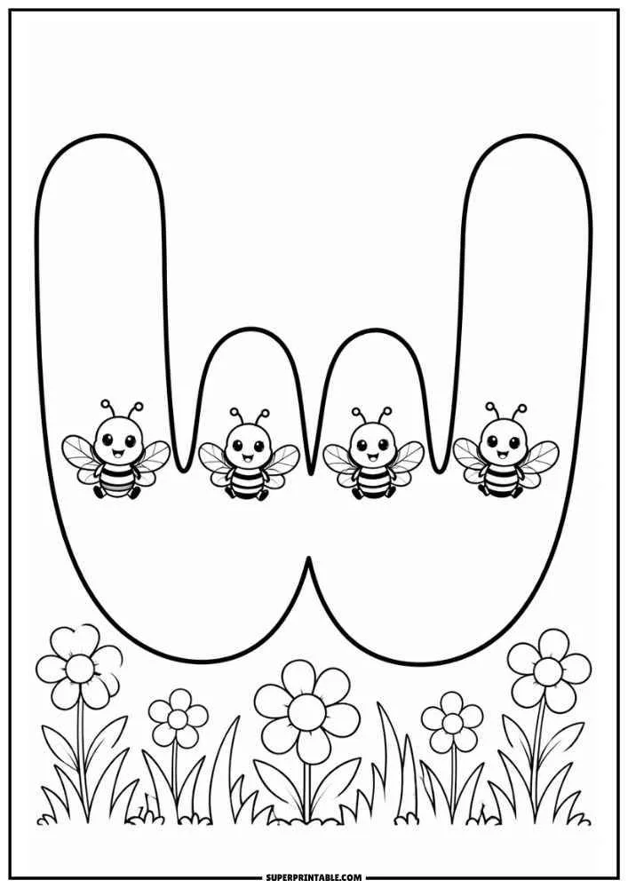Lowercase letter w with four bees and flowers at the bottom.