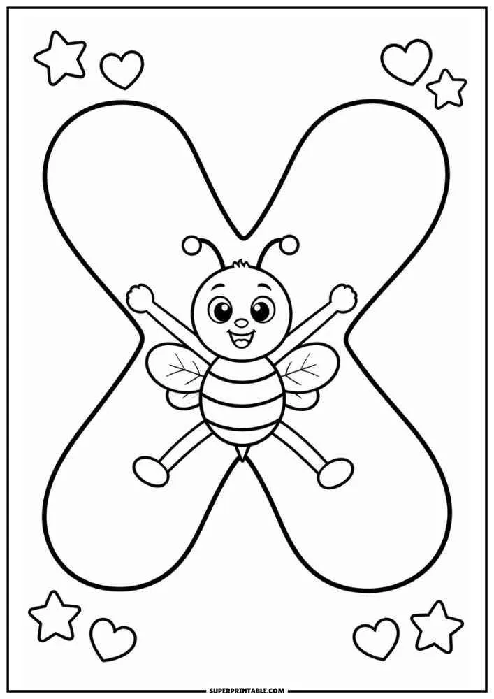 Lowercase letter x with a smiling bee, stars, and hearts.
