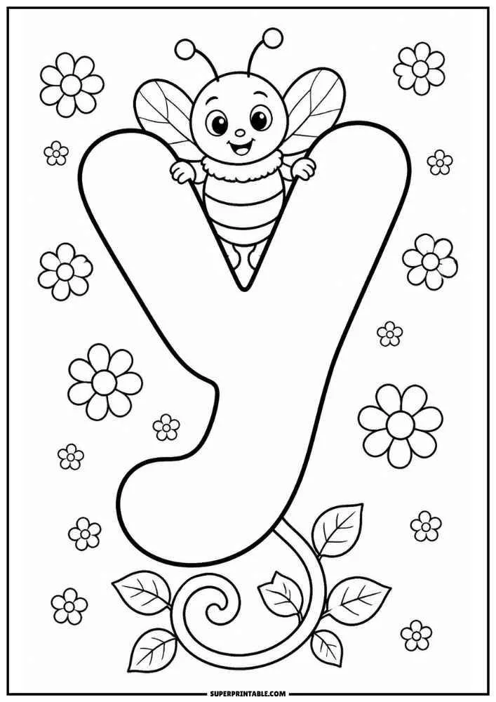 Lowercase letter y with a bee, flowers, and curling leaves.