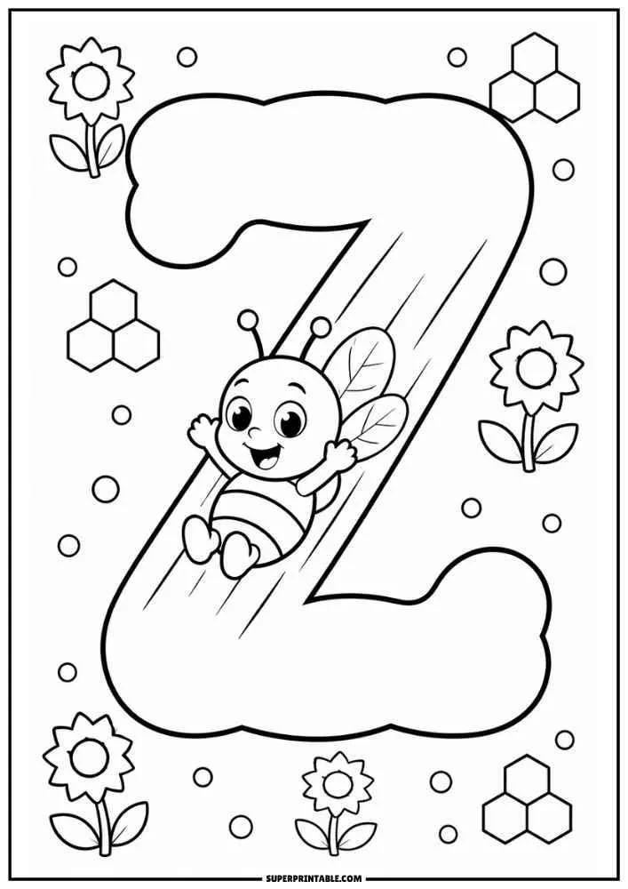 Lowercase letter z with a sliding bee, flowers, and honeycomb shapes.
