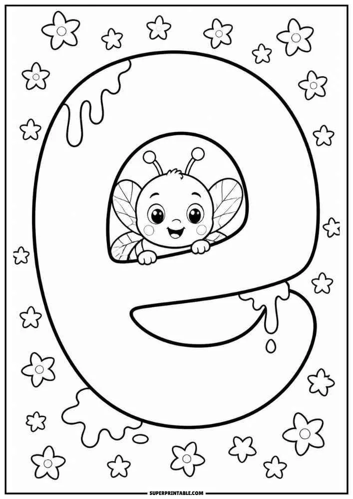 Lowercase letter e with a bee, flowers, and dripping honey.