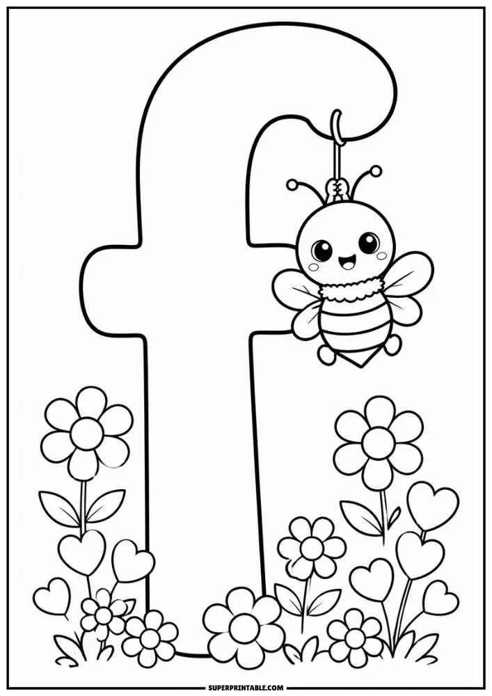 Lowercase letter f with a hanging bee, flowers, and hearts.