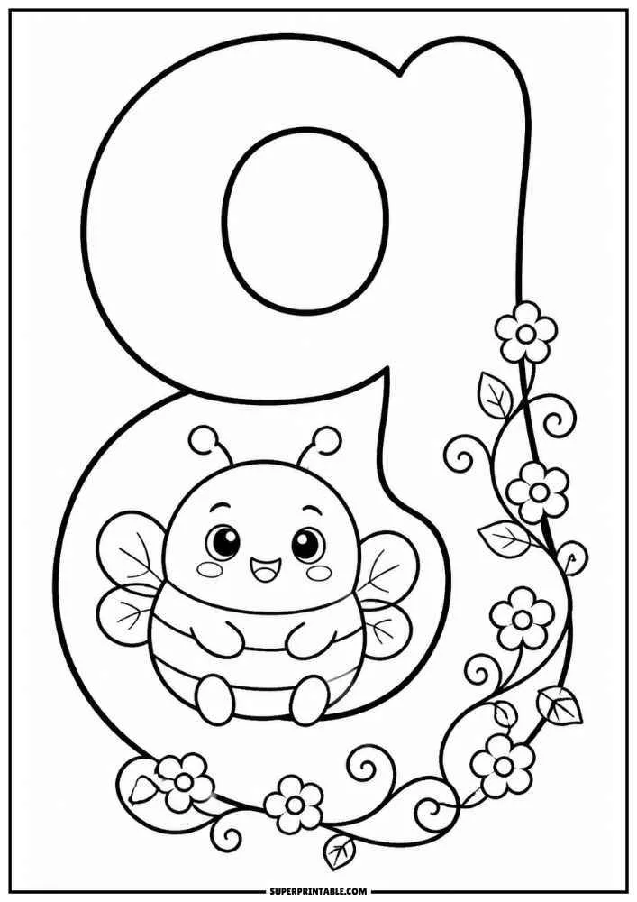 Lowercase letter g with a bee and flowering vines.