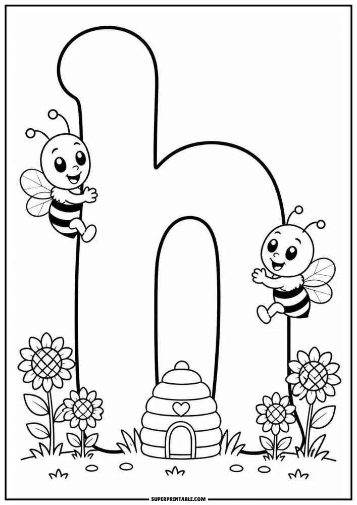 Lowercase letter h with two bees, flowers, and a beehive.