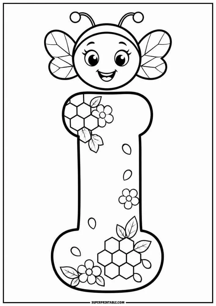Lowercase letter i with a bee, flowers, leaves, and honeycomb.