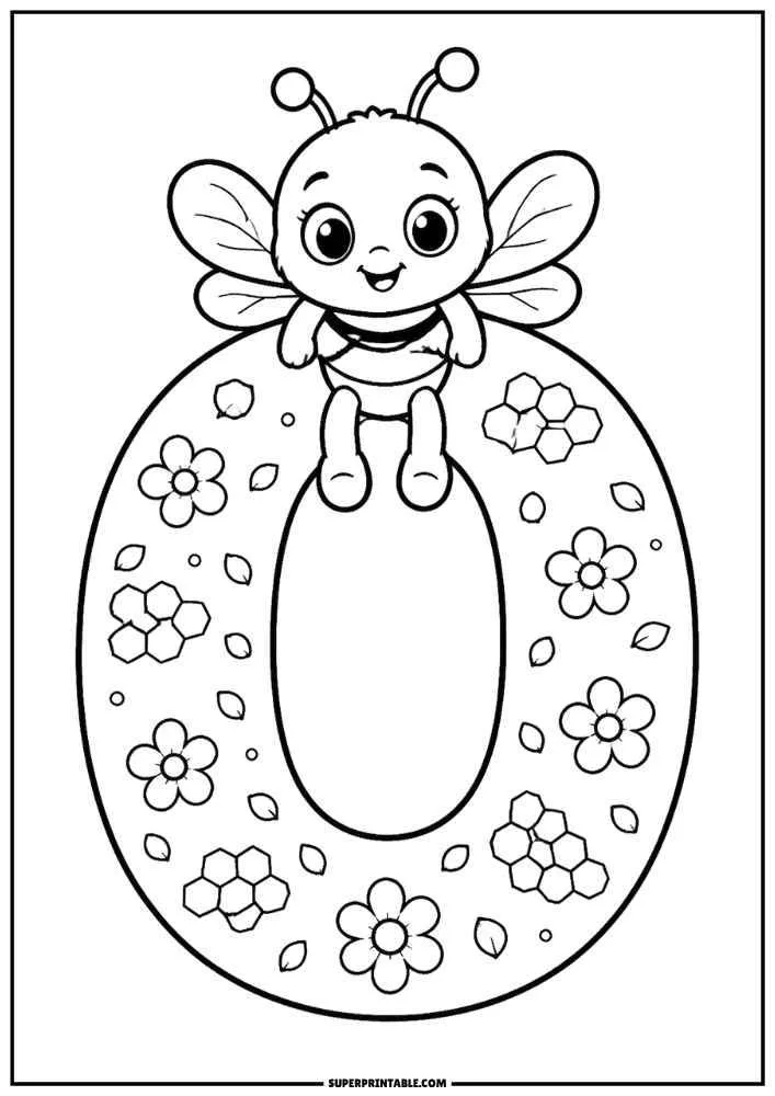 Number 0 with a cute bee, flowers, leaves, and honeycomb shapes in a black and white coloring page.