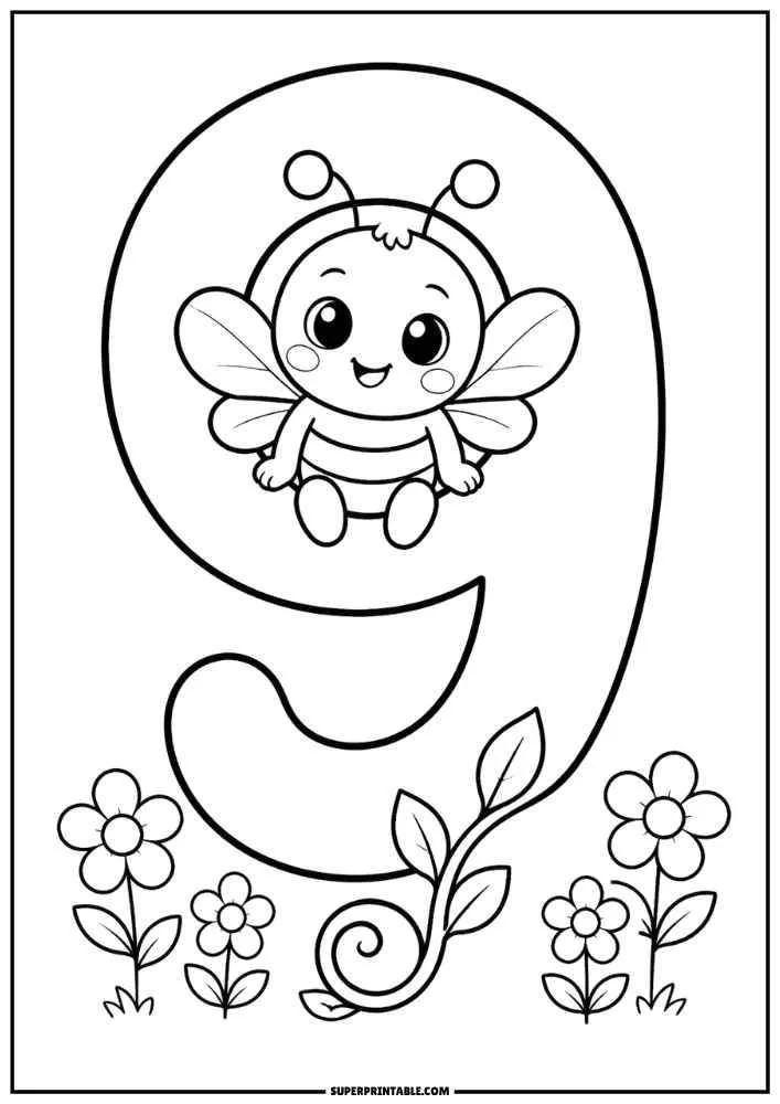 Large number 9 with a cute bee, flowers, and leafy vines in a black and white coloring page.