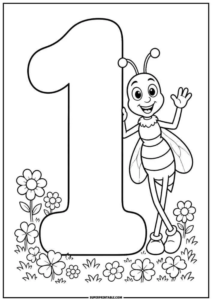Large number 1 with a waving bee, flowers, clovers, and grass in a black and white coloring page.