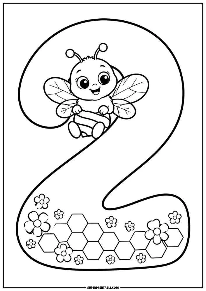 Number 2 with a cute bee, flowers, and honeycomb decorations in a black and white coloring page.