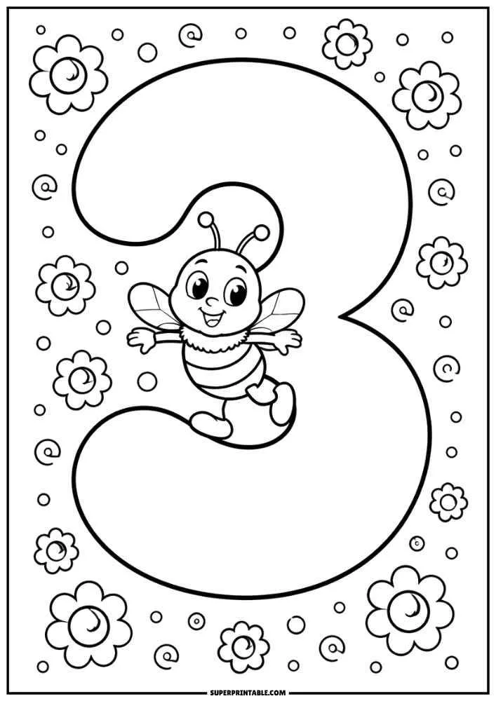 Large number 3 with a smiling bee, flowers, swirls, and dots in a black and white coloring page.