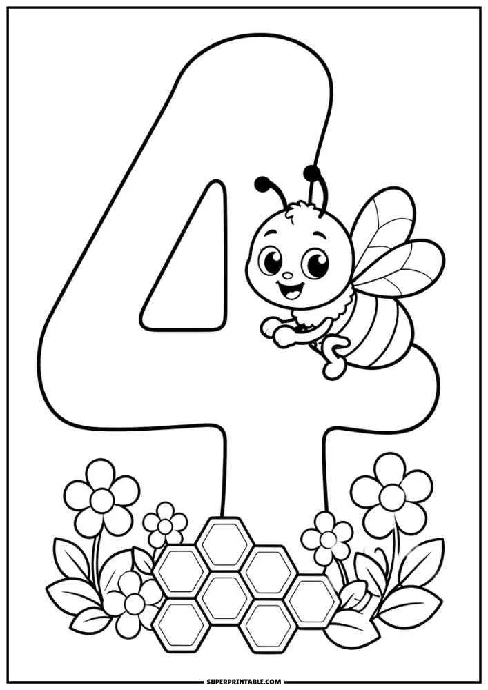 Number 4 with a cute bee, flowers, and honeycomb shapes in a black and white coloring page.