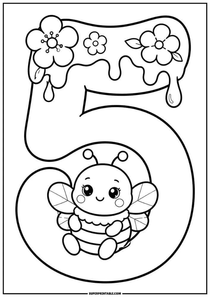 Number 5 with a cute bee, honey drips, and flowers in a black and white coloring page.