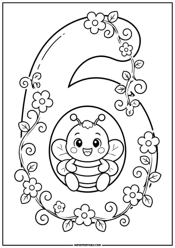 Number 6 with a cute bee, flowers, leaves, and vines in a black and white coloring page.