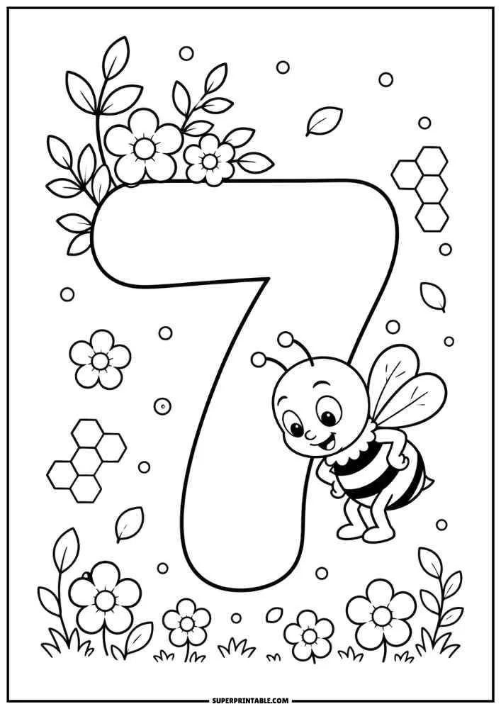 Large number 7 with a smiling bee, flowers, leaves, and honeycomb shapes in a black and white coloring page.