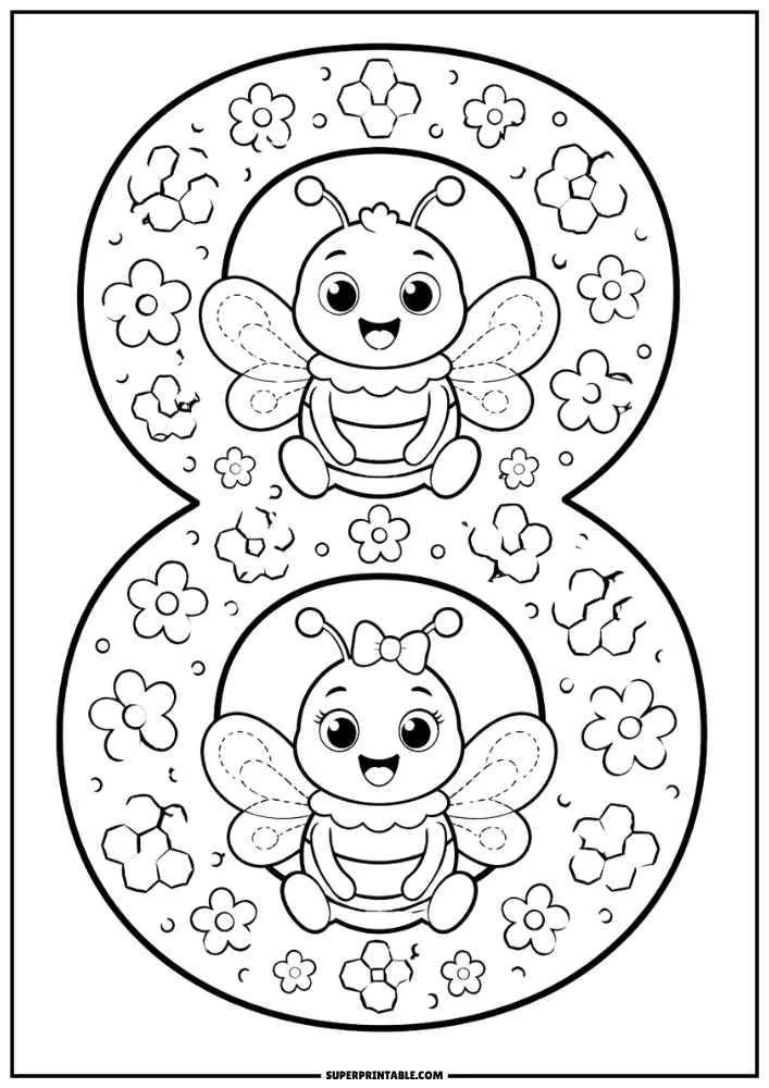 Number 8 with two cute bees, flowers, and honeycomb decorations in a black and white coloring page.