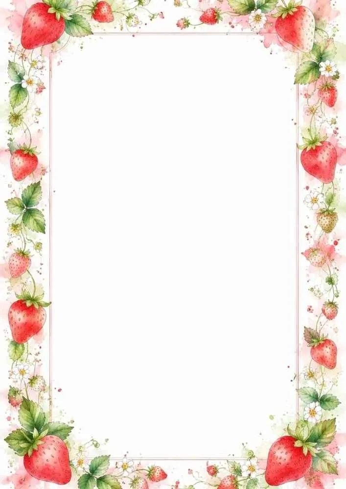 Watercolor border with strawberries, leaves, flowers, and a blank center.
