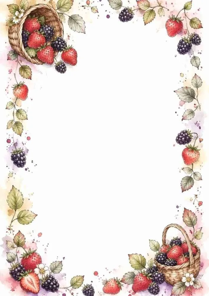 Berry baskets with strawberries and blackberries around a blank center.