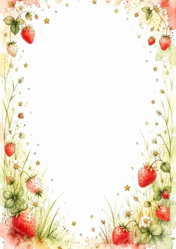 Strawberry meadow border with flowers, grass, stars, and blank center.