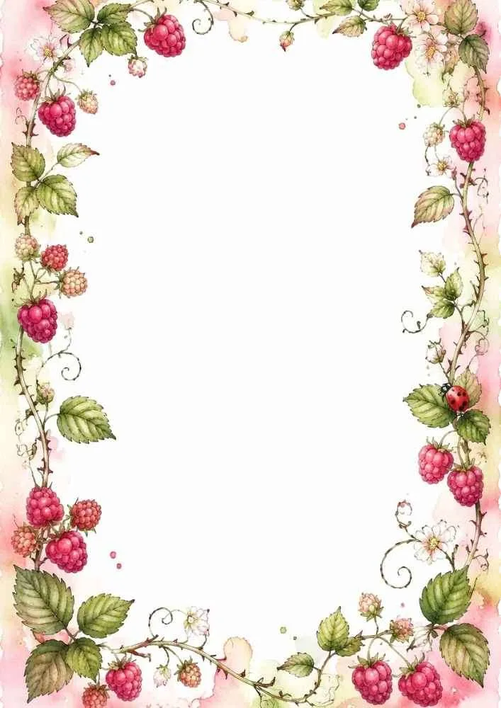 Raspberry vine border with flowers and a blank center.