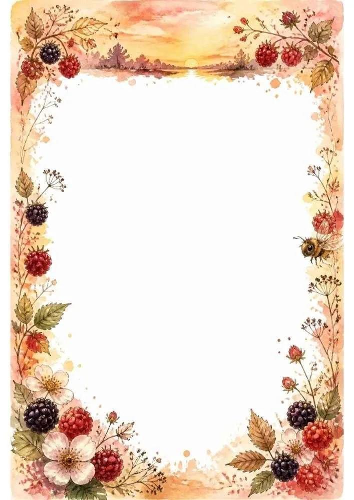 Berry border with flowers, sunset, bee, and blank center.