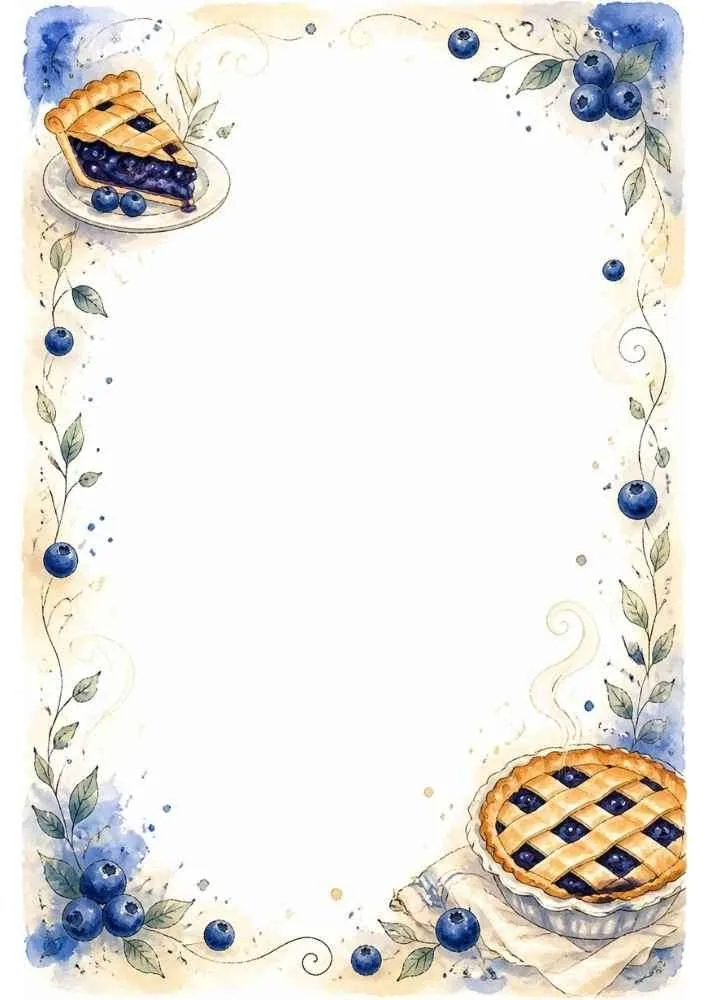 Blueberry pie, berries, vines, and a blank center.