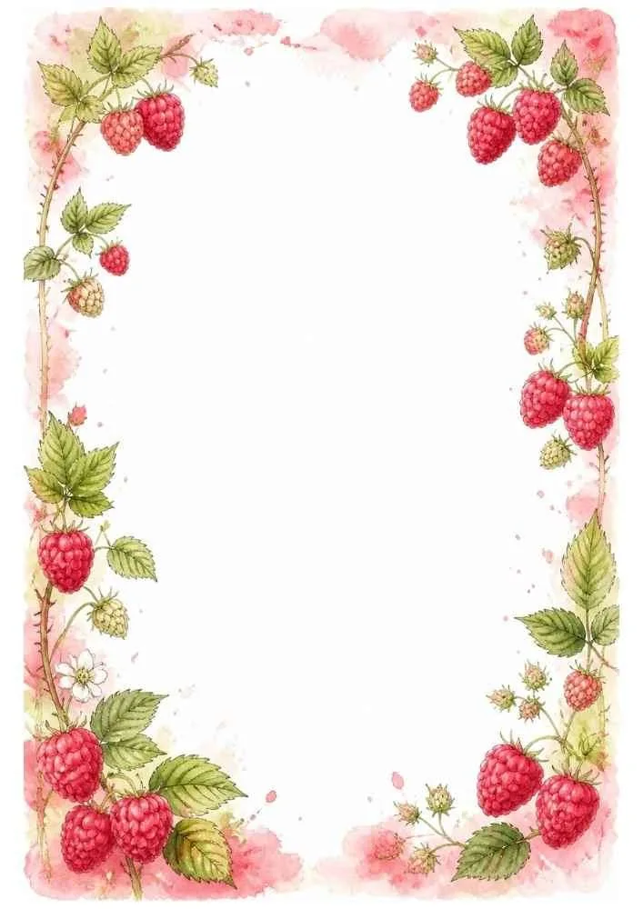 Raspberry border with green leaves and a blank center.
