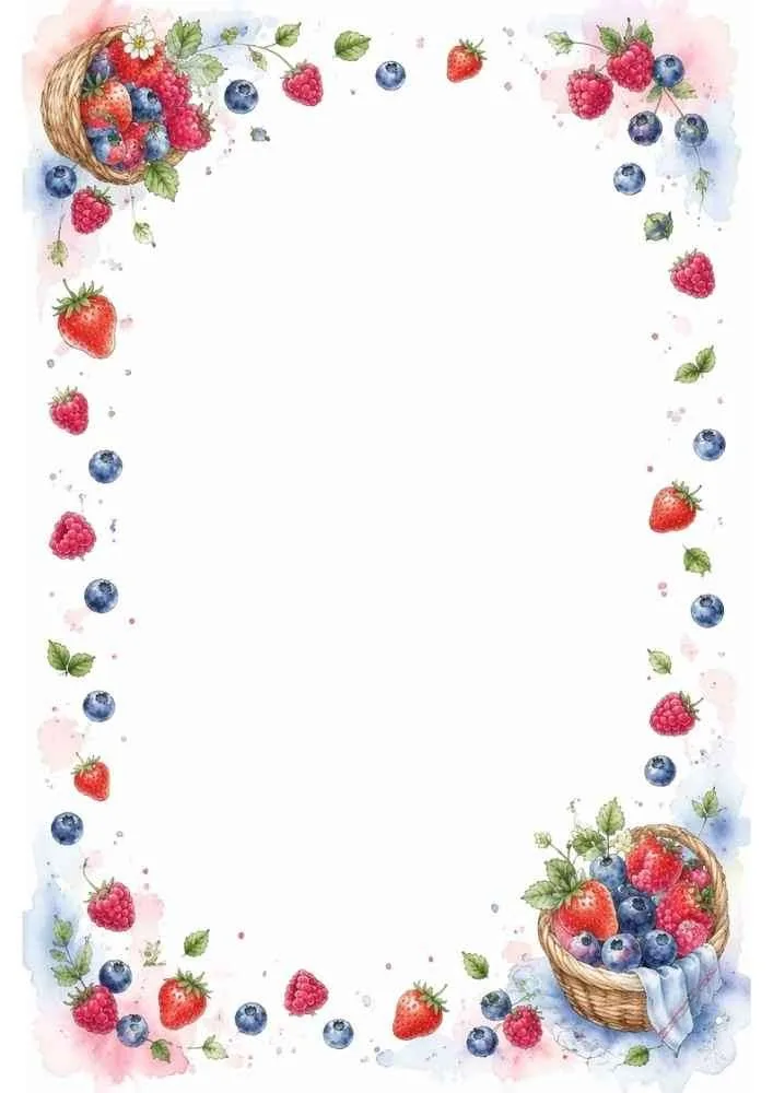 Berry baskets with strawberries, raspberries, blueberries, and a blank center.