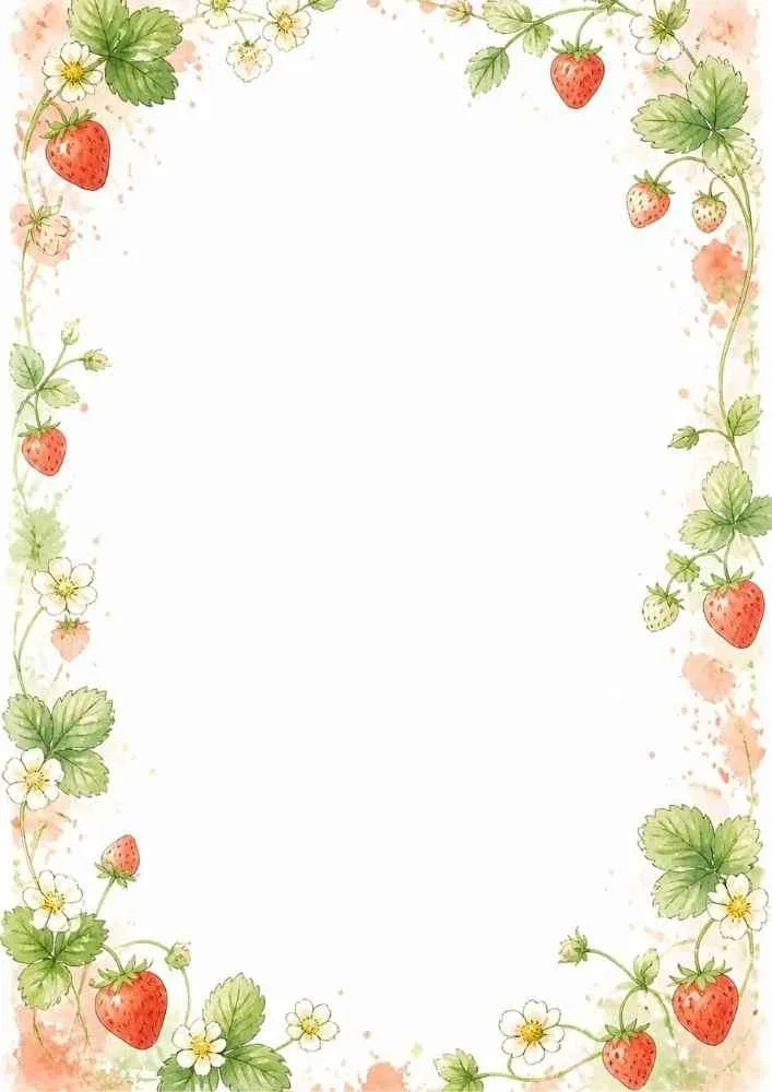 Strawberry flowers and leaves around a blank center.
