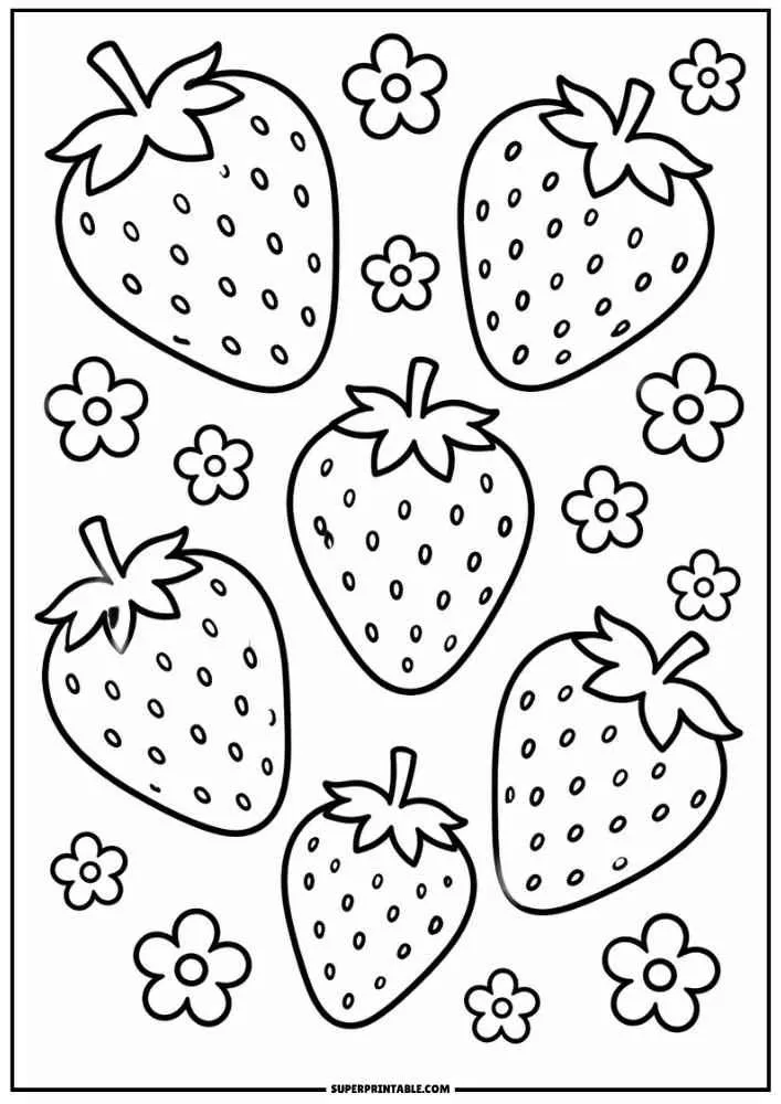 Five strawberries with simple flowers in an easy coloring page.