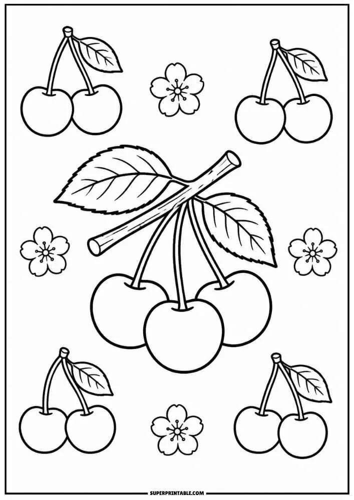 Large cherry branch with smaller cherry pairs and flowers.