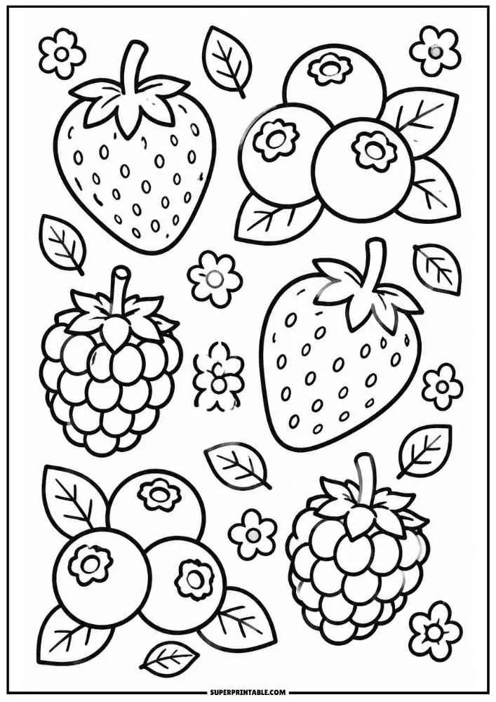 Strawberry, blueberries, raspberries, flowers, and leaves.