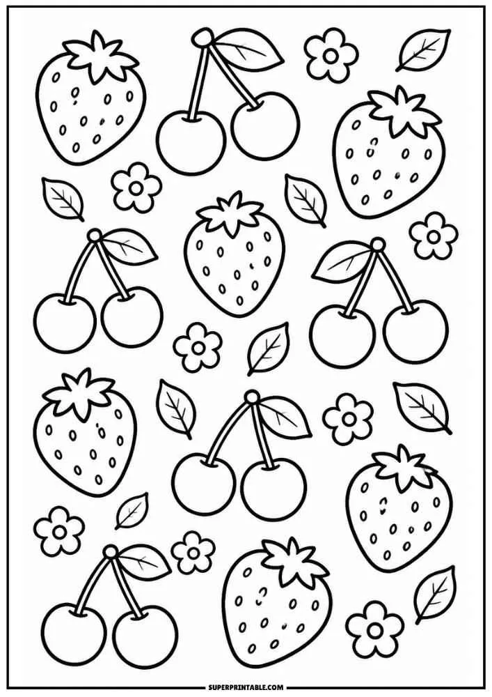 Strawberries, cherries, flowers, and leaves on a coloring page.
