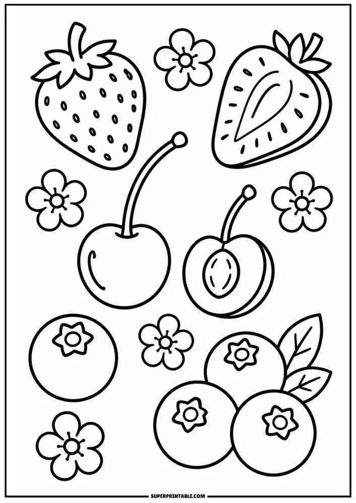 Strawberry, cherries, blueberries, sliced strawberry, and flowers.